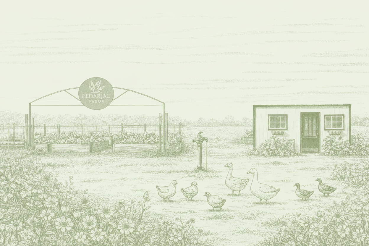 Illustration of a farm scene with a sign reading 'CedarJac Farms' and animals in a field.